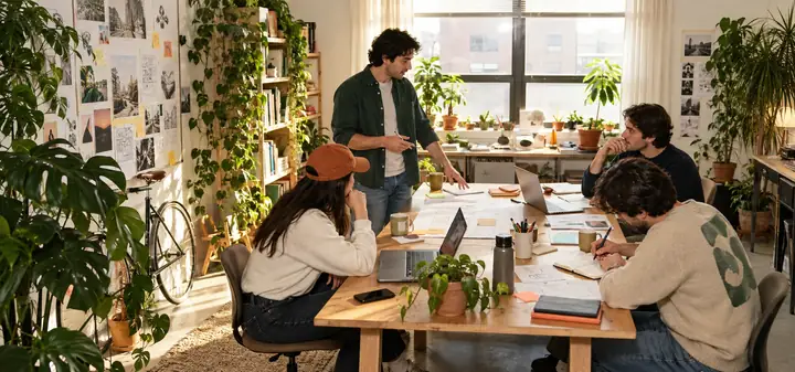 A product team collaborating around a table with laptops in a bright, plant-filled studio