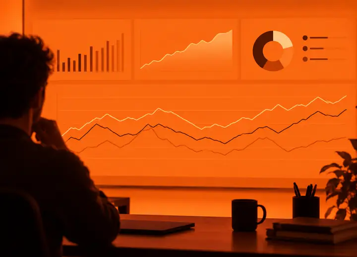 Orange financial dashboard with trend charts